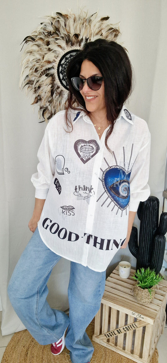Chemise blanche rayée argentée good think vue de face avec motif bleur marine et électric 
