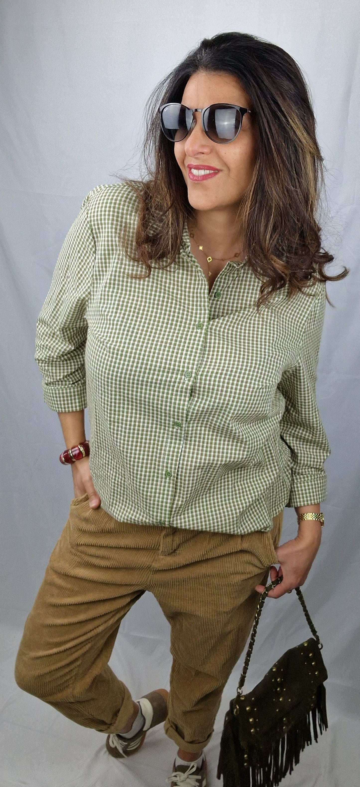 Chemise motifs carreaux kaki pour femme