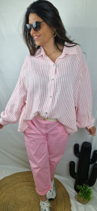 Chemise pour femme, en gaze de coton, rayée, taille oversize 36/46