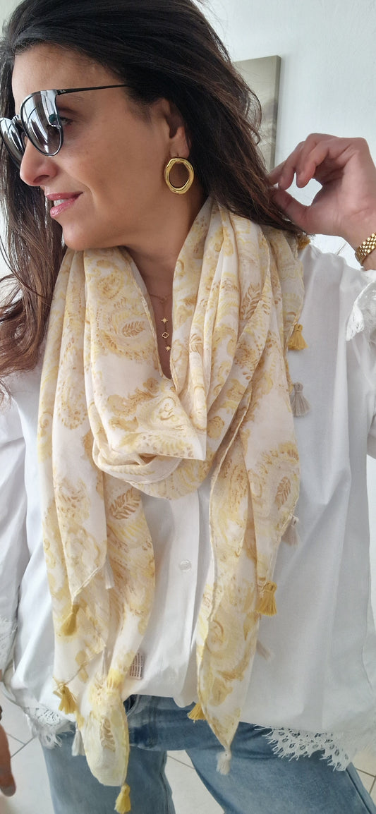 Foulard doux pour femme, motif Peisley jaune et blanc avec des pompoms
