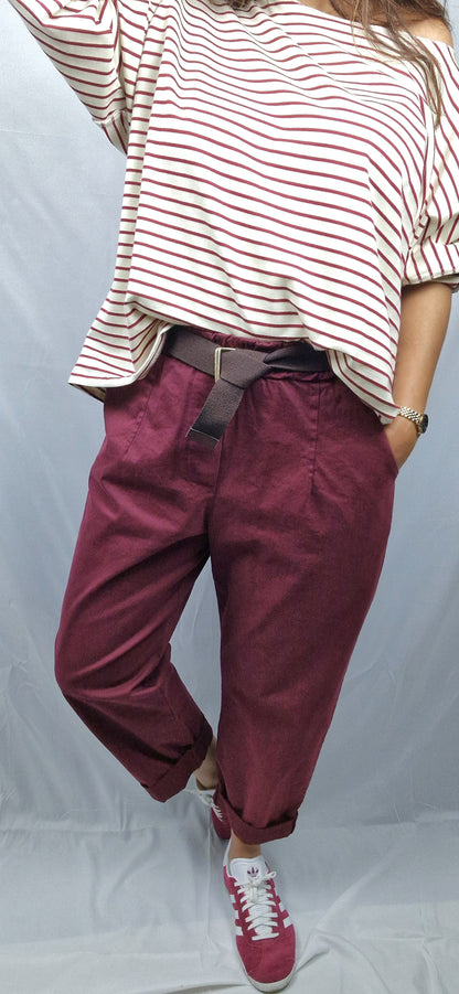 Pantalon loose bordeaux femme taille unique, style décontracté chic parfait avec marinière, tee-shirt ou chemise
