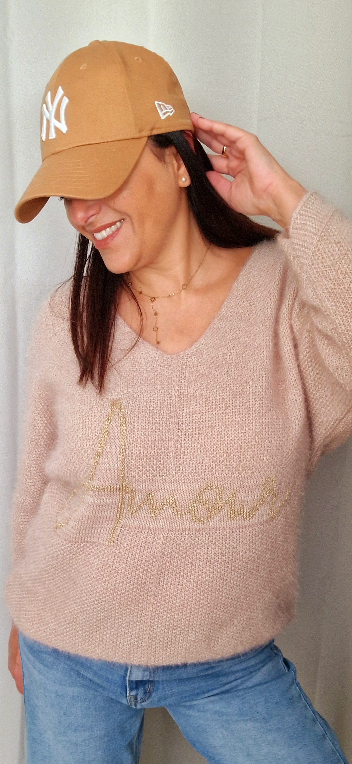 Pull doux mohair pour femme coloris beige motif AMOUR