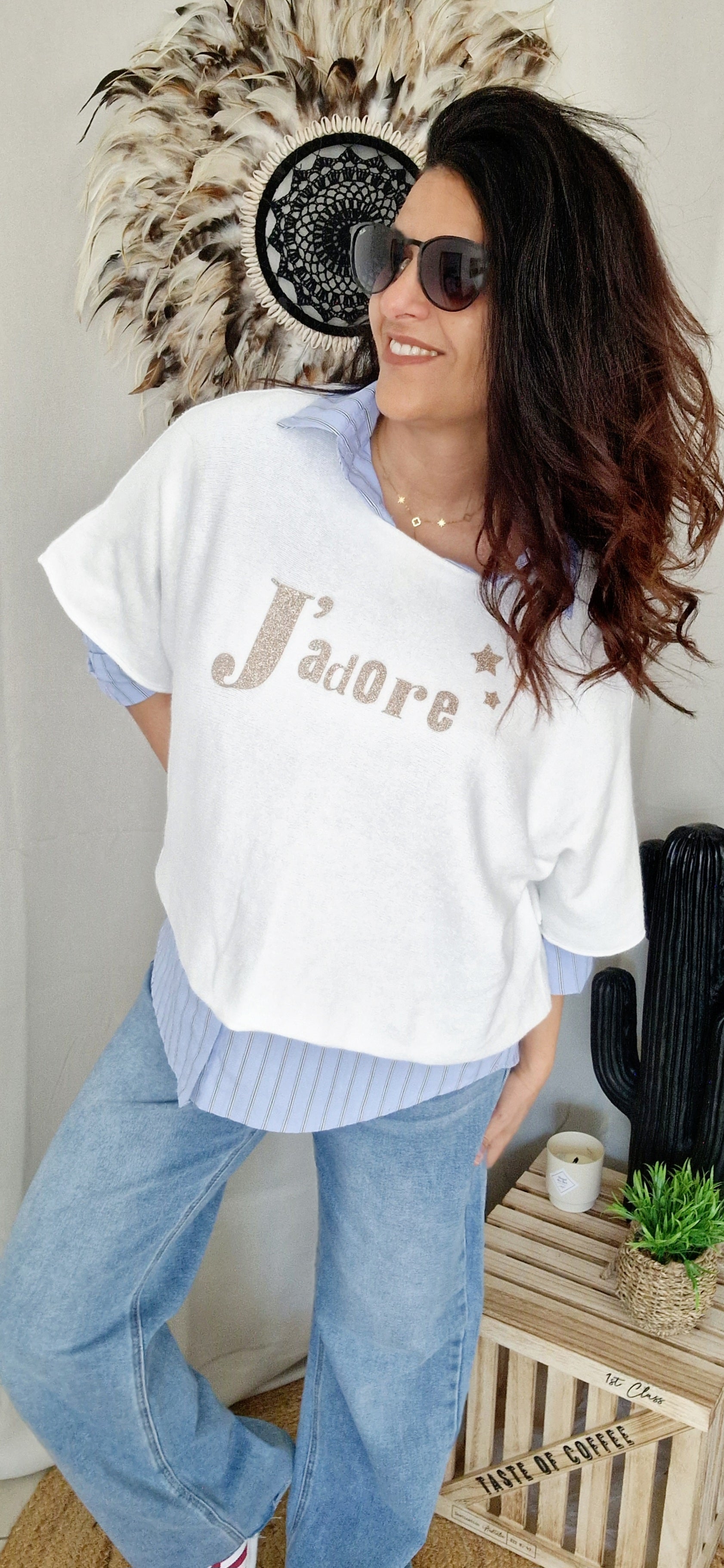 Pull style croc top, oversize, manches mi longues, motif étoile et message J'adore gold