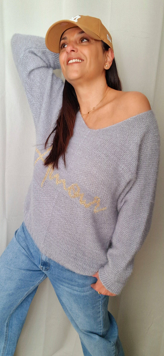 Pull AMOUR pour femme coloris gris, touché doux en mohair