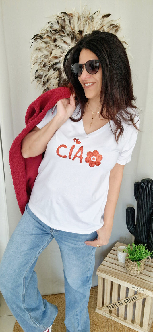 Tee shirt April vintage col v, coloris blanc et motif gloss rouge Ciao 