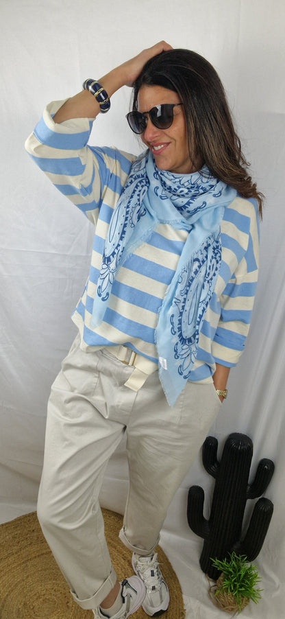 Top femme rayée  bleu et beige en coton col rond