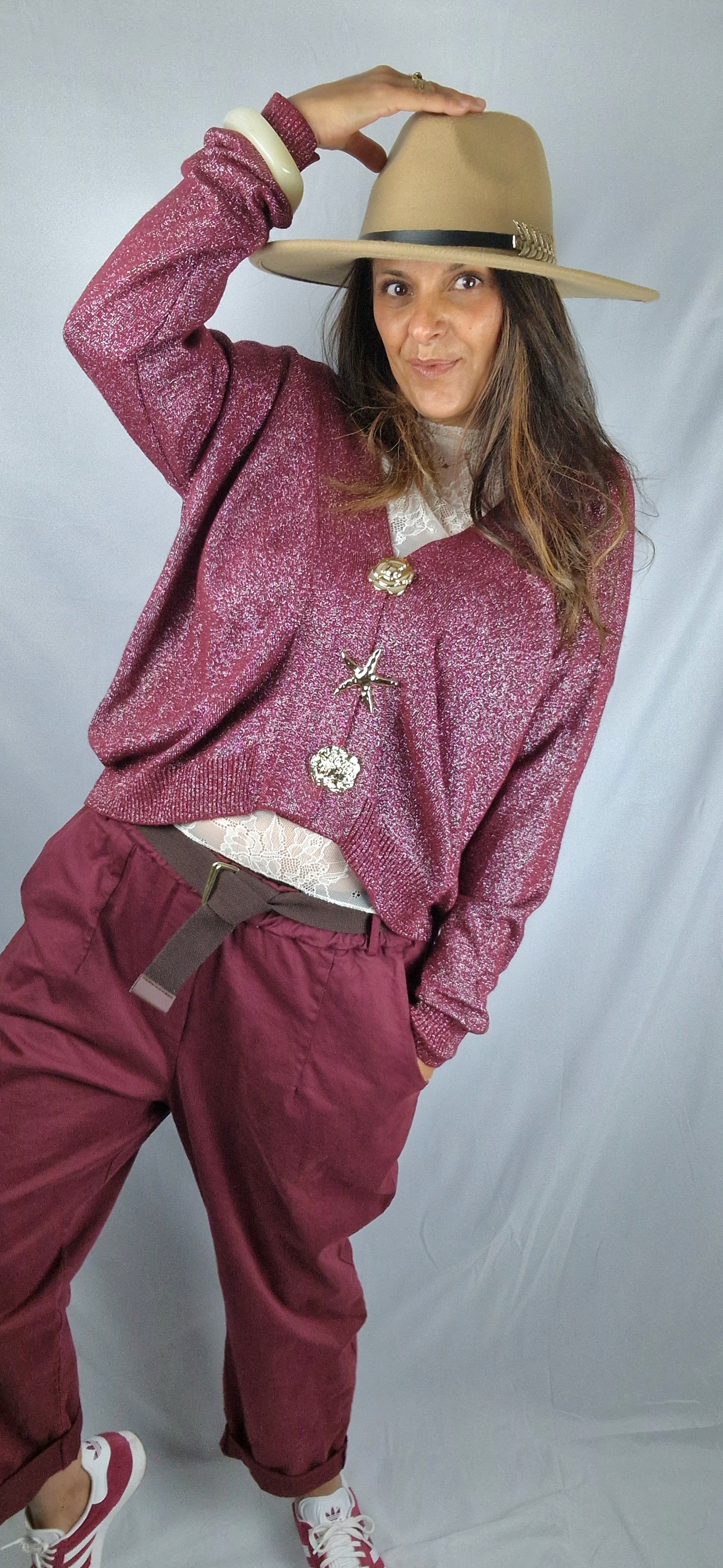 Gilet femme ISALINE coloris bordeaux, effet brillant, manches longues