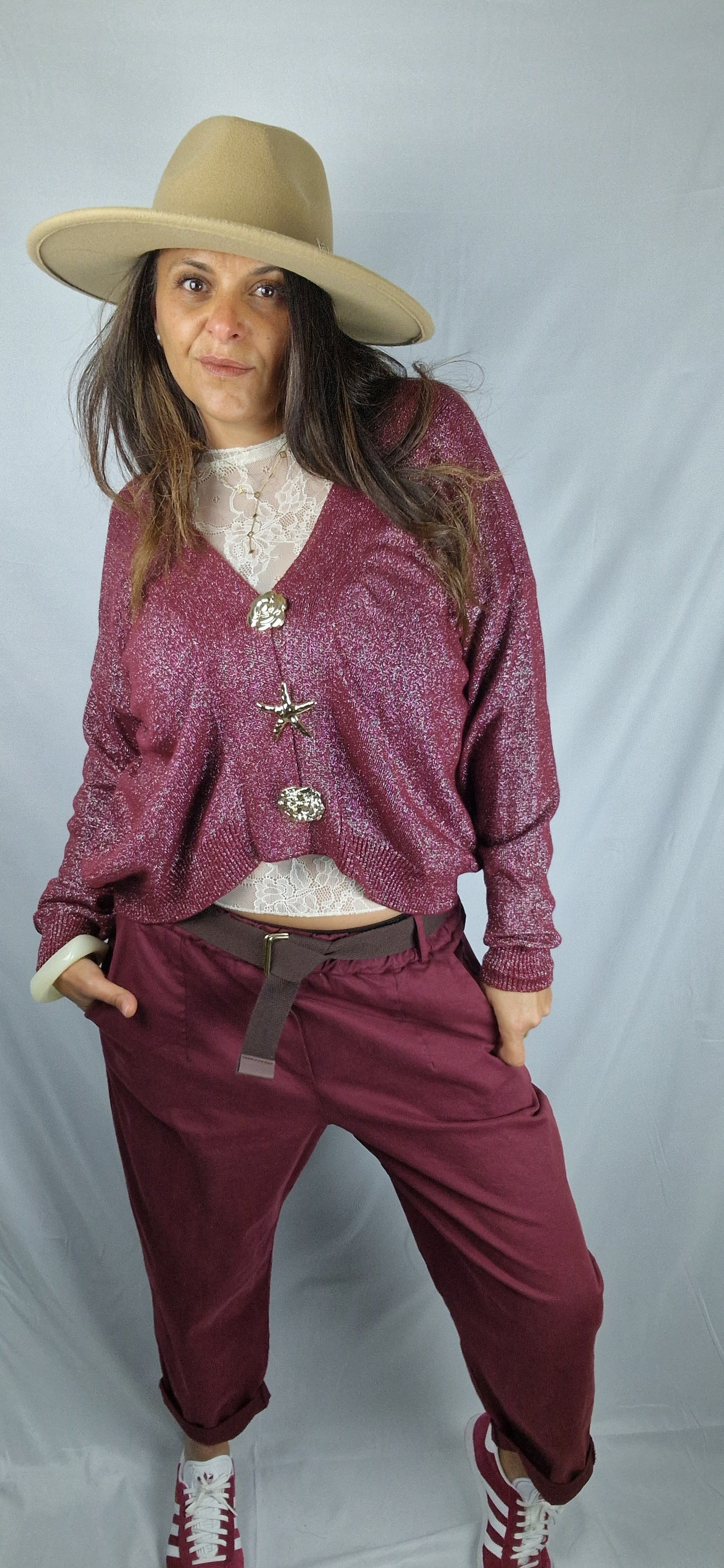 Gilet lurex bordeaux felle taille unique couple fluide et agréable à porter, effet scintillant