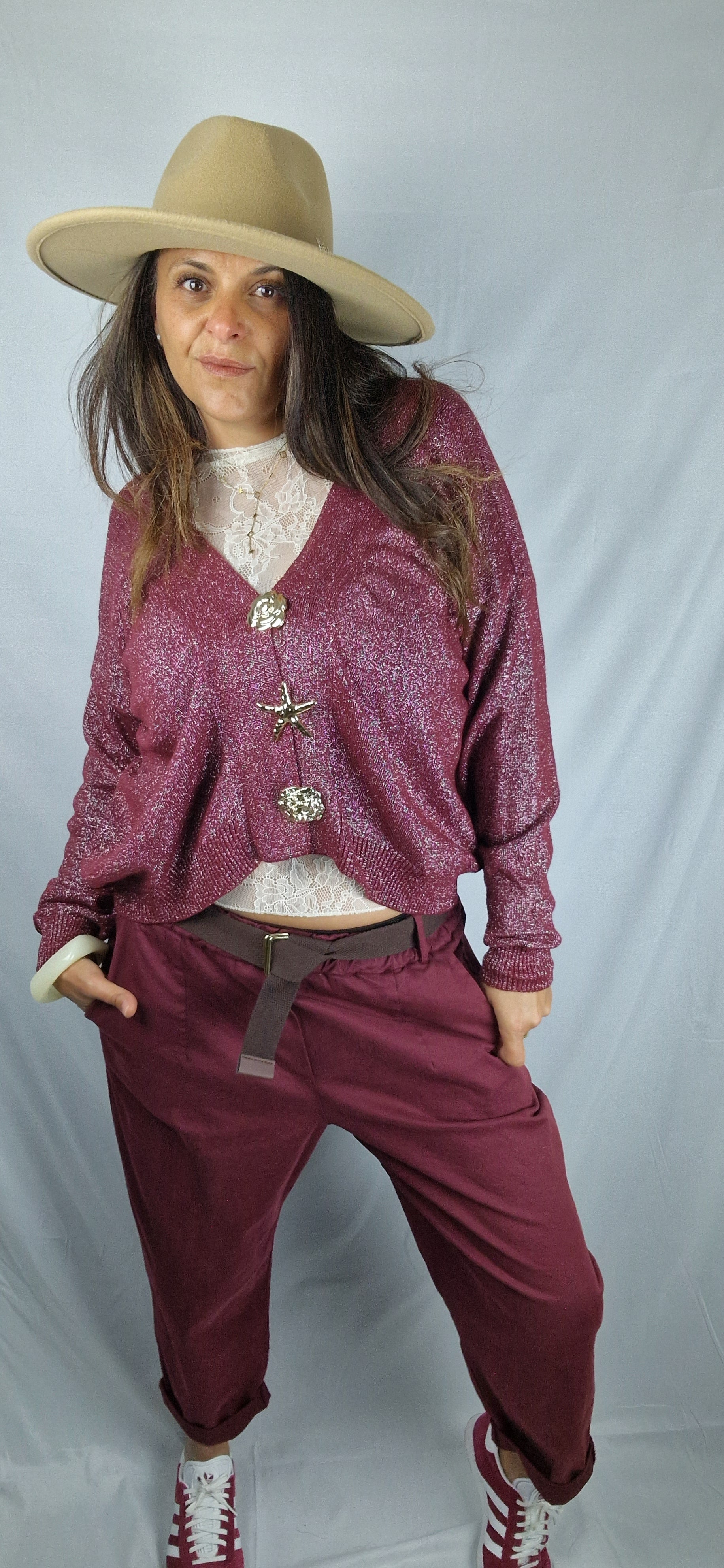 Gilet lurex bordeaux felle taille unique couple fluide et agréable à porter, effet scintillant